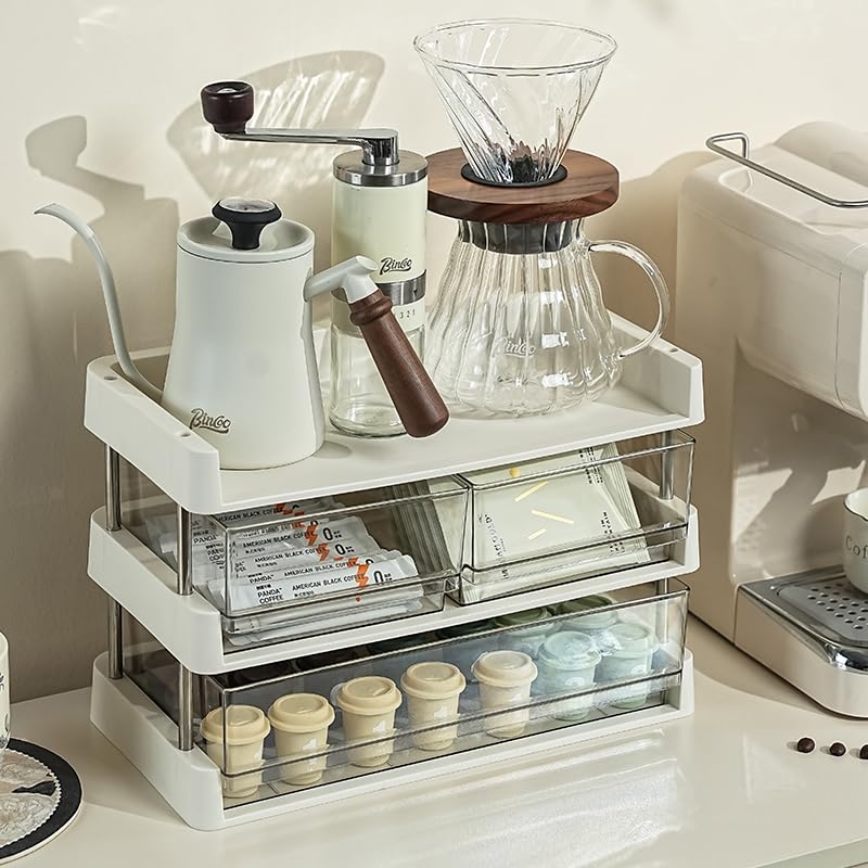 Modular Drawer Organizer, Stackable 3 Trays Come with 3 Drawers box for Tea Bags, Coffee Pods, Spices, Makeup, Office Supplies, Snacks, 12.7x6.7x8.7 inches Countertop Drawer Organizer