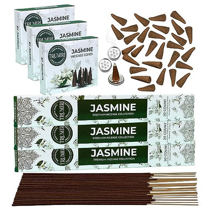 Jasmine Incense Sticks & Incense Cones Combo Pack - 60 Insence-Sticks + 30 Insence Cones - Inscense - Incense Cones Scented - Insents - color: Jasmine