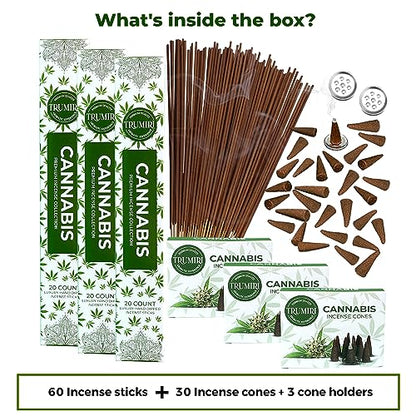 Cannabis Scented Incense Sticks & Incense Cones Combo Pack - 60 Insence-Sticks + 30 Insence Cones - Inscense - Incense Cones Scented - Insents - color: Cannabis