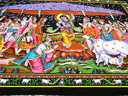 Krishna lifting Goverdhan Batik Cotton Wall Hanging Painting : Size 43"x30" Inches - color: Goverdhan