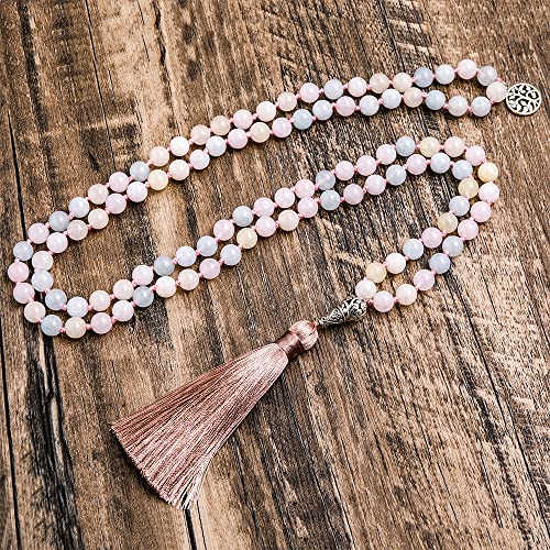 108 Mala Prayer Beads Necklace Natural Stones Meditation Yoga Jewery 108 Hand Knotted Japa Mala Beaded Long Tassel Necklace with Tree of Life Pendant for Men and Women - color: 8mm morganite