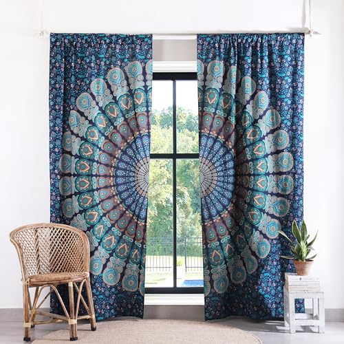 Popular Handicrafts Indian Hippie Bohemian Beautiful Peacock Mandala Door Window Curtain Panels Tarquiose - color: Tarquiose, size: 38"W x 83"L (Pack of 2)