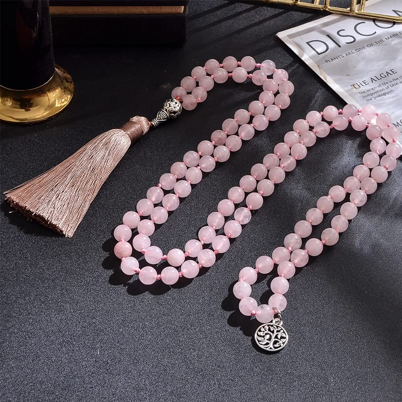 108 Mala Prayer Beads Necklace Natural Stones Meditation Yoga Jewery 108 Hand Knotted Japa Mala Beaded Long Tassel Necklace with Tree of Life Pendant for Men and Women - color: 8mm Rose Quartz