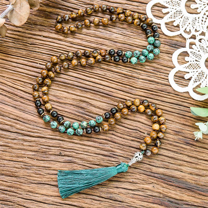 108 Mala Prayer Beads Necklace Natural Stones Meditation Yoga Jewery 108 Hand Knotted Japa Mala Beaded Long Tassel Necklace with Tree of Life Pendant for Men and Women - color: Yellow Tiger Eye+Black Onyx+African Turquoise+