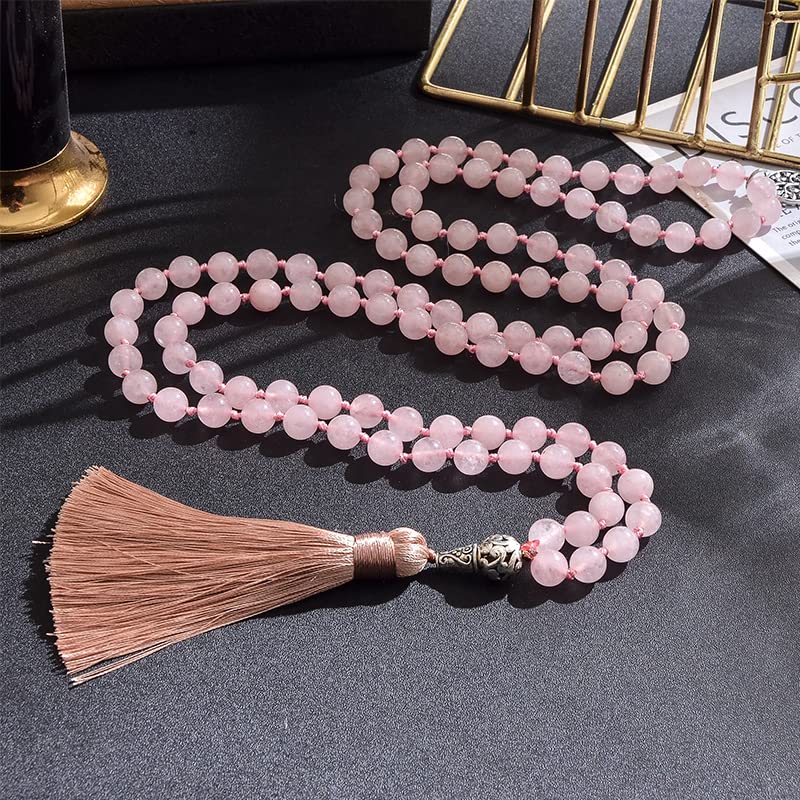108 Mala Prayer Beads Necklace Natural Stones Meditation Yoga Jewery 108 Hand Knotted Japa Mala Beaded Long Tassel Necklace with Tree of Life Pendant for Men and Women - color: 8mm Rose Quartz