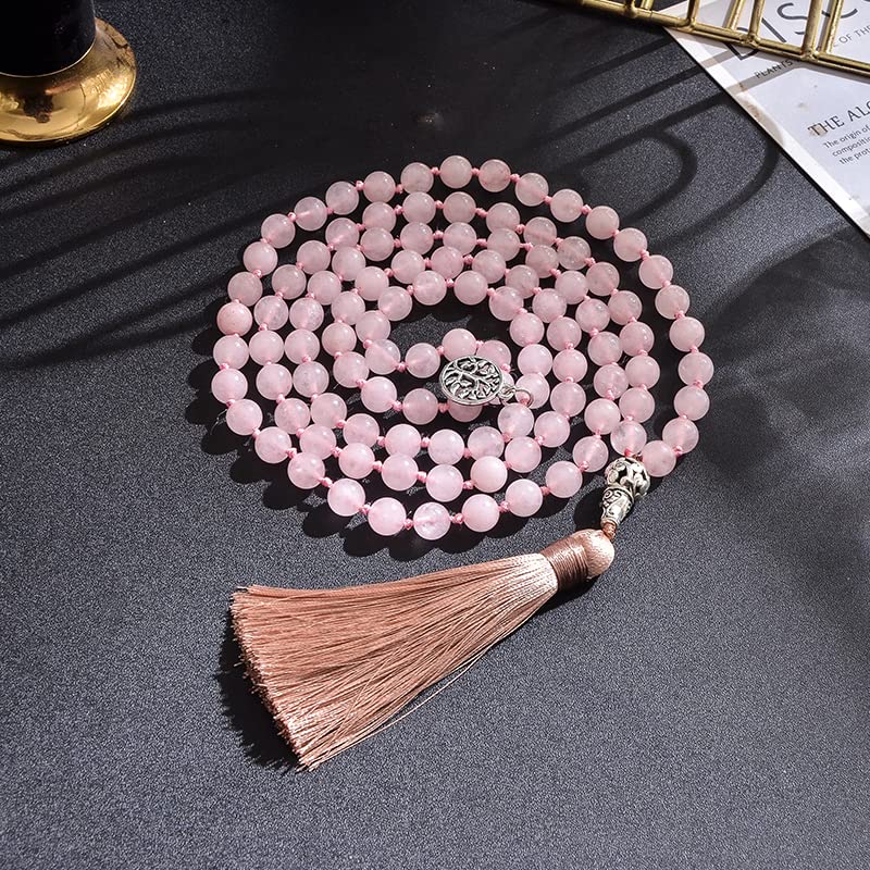 108 Mala Prayer Beads Necklace Natural Stones Meditation Yoga Jewery 108 Hand Knotted Japa Mala Beaded Long Tassel Necklace with Tree of Life Pendant for Men and Women - color: 8mm Rose Quartz