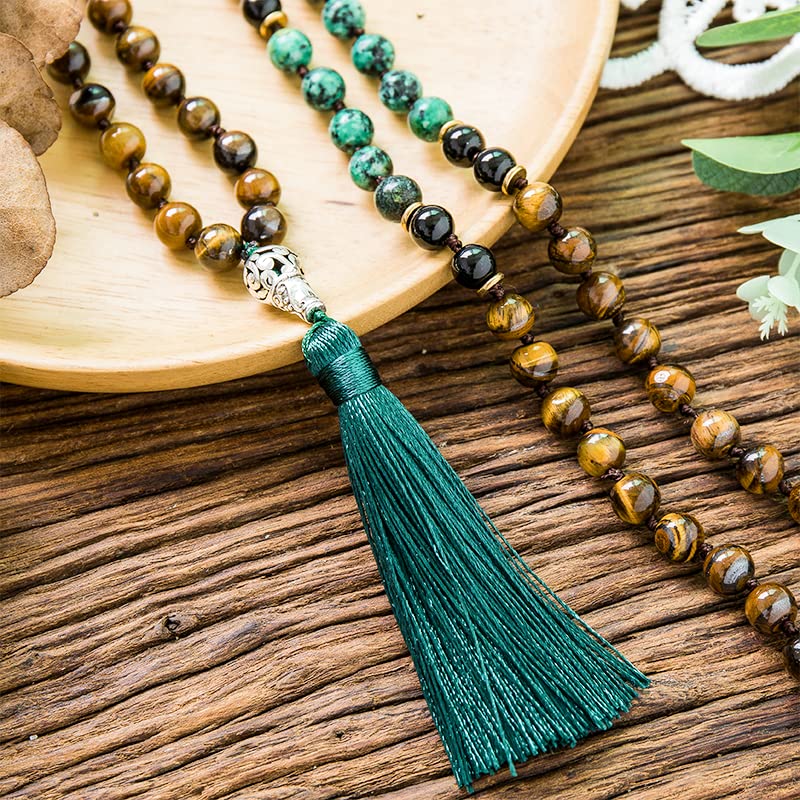 108 Mala Prayer Beads Necklace Natural Stones Meditation Yoga Jewery 108 Hand Knotted Japa Mala Beaded Long Tassel Necklace with Tree of Life Pendant for Men and Women - color: Yellow Tiger Eye+Black Onyx+African Turquoise+