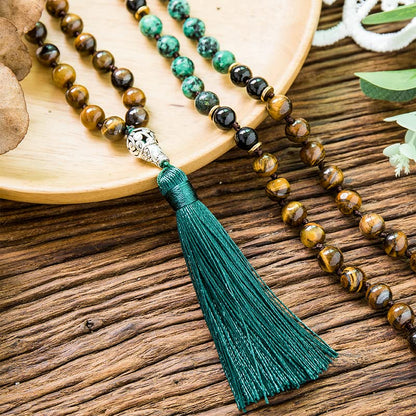 108 Mala Prayer Beads Necklace Natural Stones Meditation Yoga Jewery 108 Hand Knotted Japa Mala Beaded Long Tassel Necklace with Tree of Life Pendant for Men and Women - color: Yellow Tiger Eye+Black Onyx+African Turquoise+