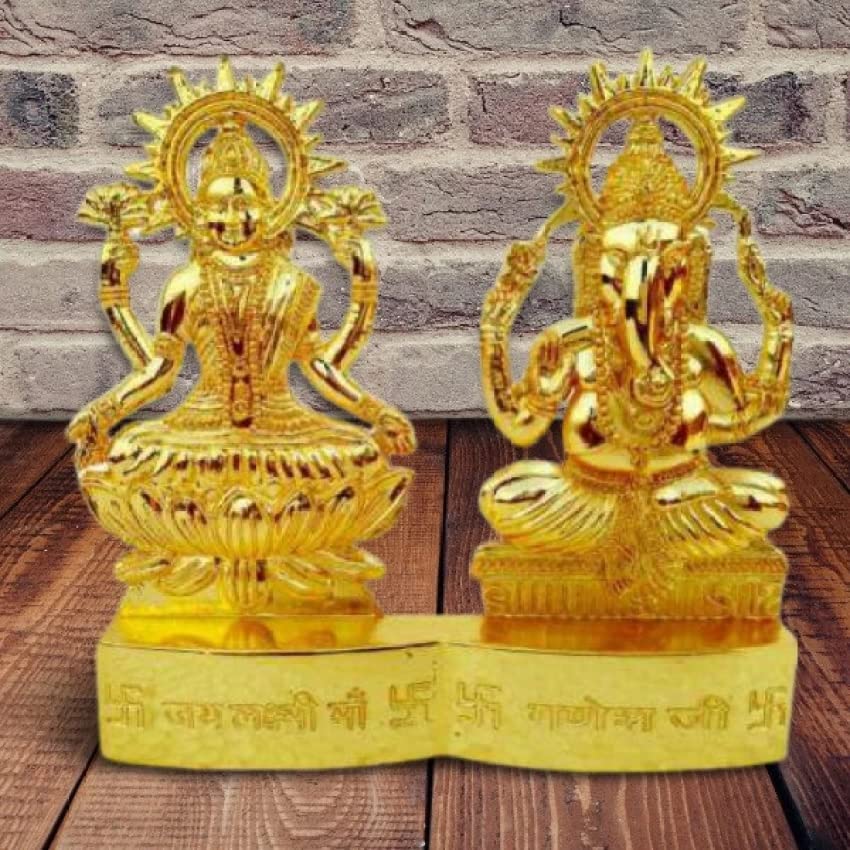 IS4A Lakshmi Ganesh Gold Plated Energized Idol Statue Figurine Wedding Festival Anniversary Diwali Puja Spiritual Gift 4 Inch