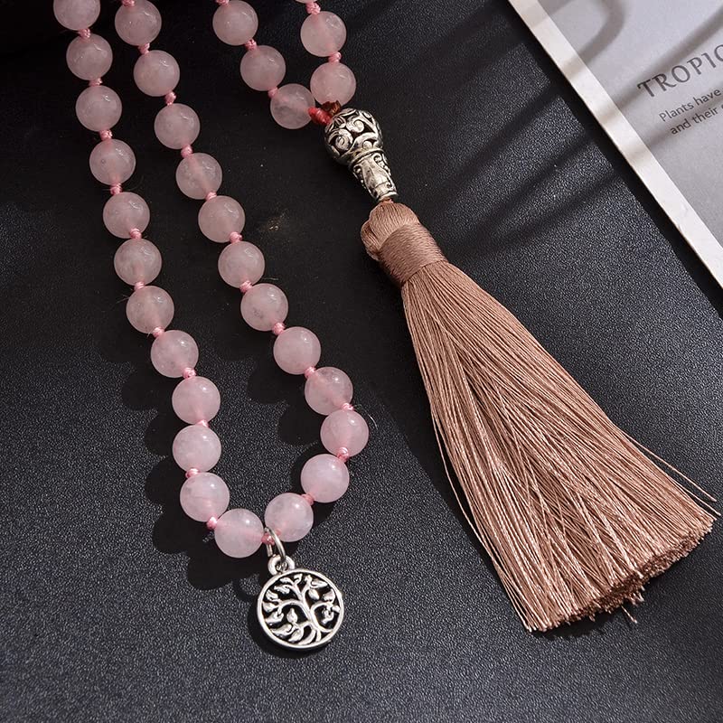 108 Mala Prayer Beads Necklace Natural Stones Meditation Yoga Jewery 108 Hand Knotted Japa Mala Beaded Long Tassel Necklace with Tree of Life Pendant for Men and Women - color: 8mm Rose Quartz